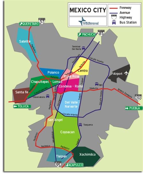 Mexico City kartta lähiöissä